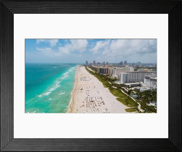 Framed Print : Drone aerial view at Miami South Beach Florida, Beach with colorful chairs and umbrellas Framed Print : Drone aerial view at Miami South Beach Florida, Beach with colorful chairs and umbrellas