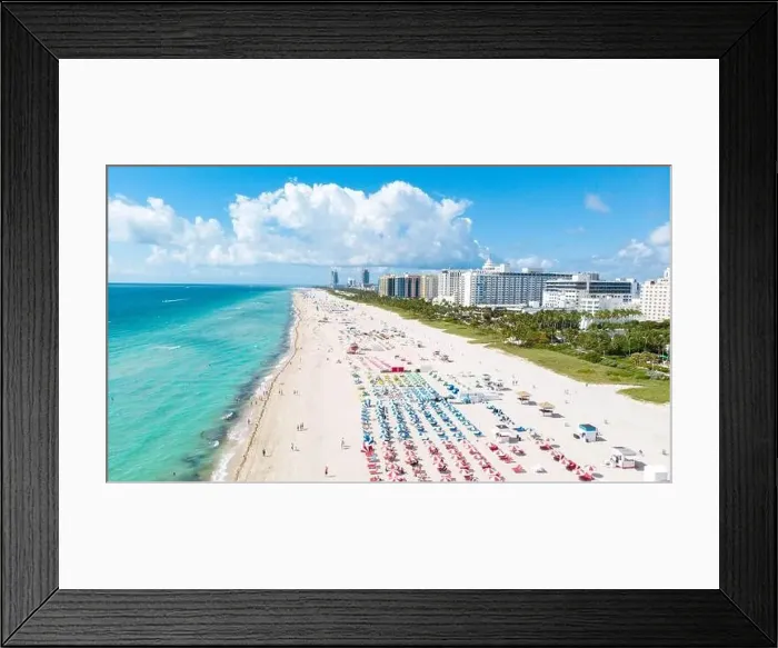 Framed Print : Drone aerial view at Miami South Beach Florida, Beach with colorful chairs and umbrellas Framed Print : Drone aerial view at Miami South Beach Florida, Beach with colorful chairs and umbrellas