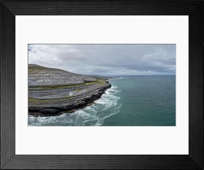 Framed Print : Aerial view of the Burren Coast in County Clare with the Black Head Lighthouse on the rocky point Framed Print : Aerial view of the Burren Coast in County Clare with the Black Head Lighthouse on the rocky point