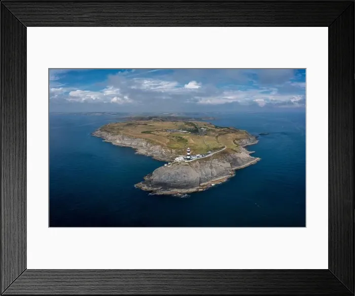 Framed Print : Aerial view of the lighthouse and the Old Head of Kinsale in County Cork of western Ireland Framed Print : Aerial view of the lighthouse and the Old Head of Kinsale in County Cork of western Ireland
