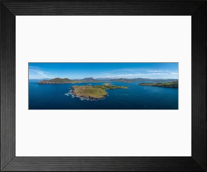 Framed Print : An aerial panorama of the coastal landscape of the Iveragh Peninsula with Beginish and Valentia Island Framed Print : An aerial panorama of the coastal landscape of the Iveragh Peninsula with Beginish and Valentia Island
