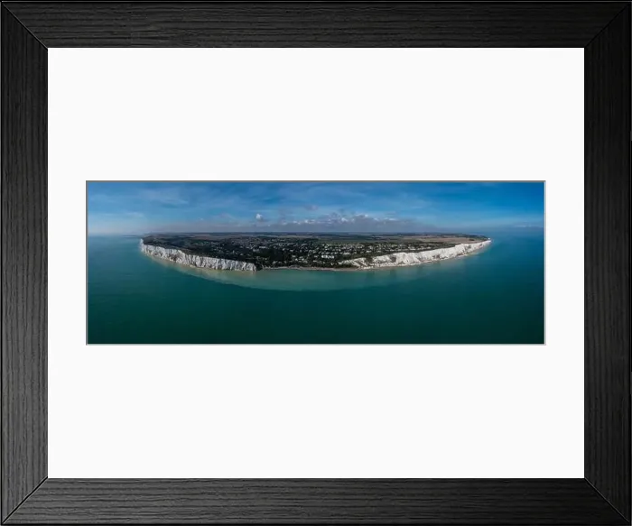 Framed Print : Aerial panorama landscape view of the White Cliffs of Dover and the South Foreland on the English Channel Framed Print : Aerial panorama landscape view of the White Cliffs of Dover and the South Foreland on the English Channel