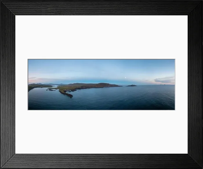 Framed Print : Panorama drone view of the Iveragh Peninsula with Valentia Island and Portmagee at sunset Framed Print : Panorama drone view of the Iveragh Peninsula with Valentia Island and Portmagee at sunset