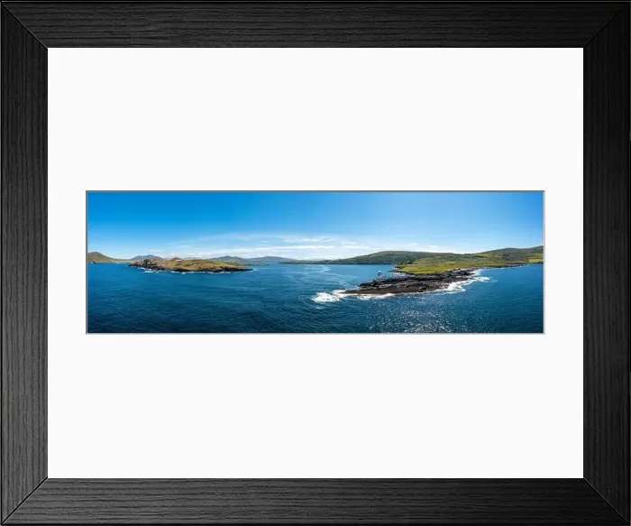 Framed Print : An aerial panorama of the coastal landscape of the Iveragh Peninsula with Beginish and Valentia Island Lighthouse Framed Print : An aerial panorama of the coastal landscape of the Iveragh Peninsula with Beginish and Valentia Island Lighthouse