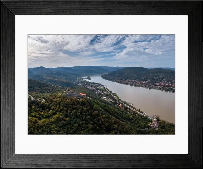 Framed Print : Landscape view of the Danube Bend in Visegrad with the historic Visegrad Castle on the hilltop Framed Print : Landscape view of the Danube Bend in Visegrad with the historic Visegrad Castle on the hilltop