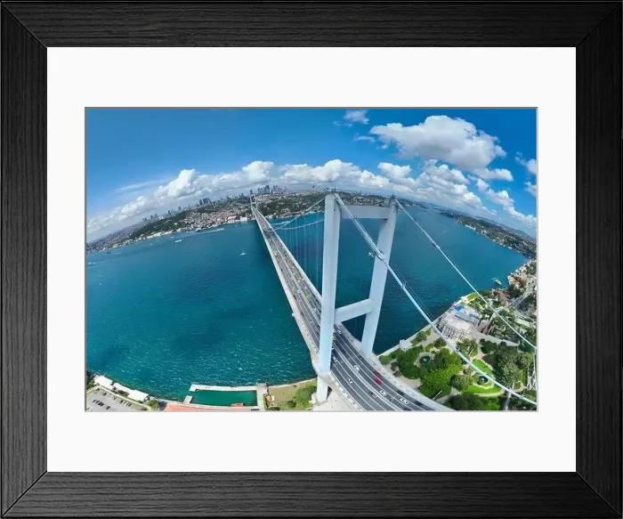 Framed Print : Istanbul Bosphorus Bridge and City Skyline in Background with Turkish Flag at Beautiful Sunset Framed Print : Istanbul Bosphorus Bridge and City Skyline in Background with Turkish Flag at Beautiful Sunset