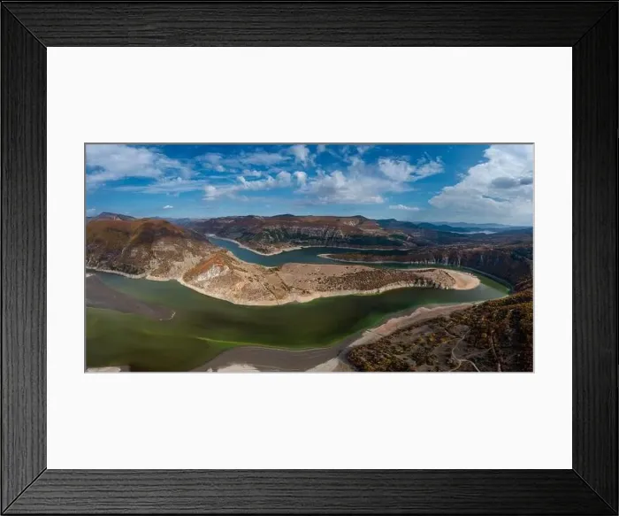 Framed Print : A panorama drone view of the Kardzhali reservoir and Arda River Bends in Bulgaria