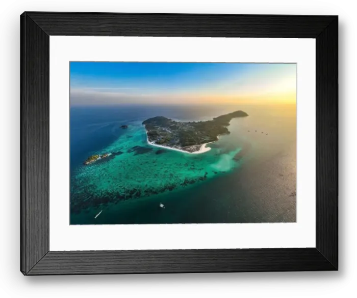 Framed Print : Aerial view of Sunrise beach with long tail boats in Koh Lipe, Satun, Thailand Framed Print : Aerial view of Sunrise beach with long tail boats in Koh Lipe, Satun, Thailand