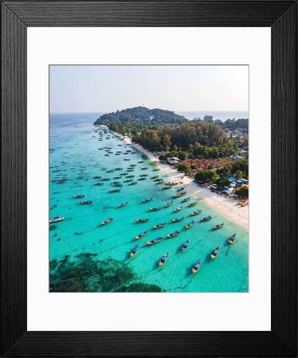 Framed Print : Aerial view of Sunrise beach with long tail boats in Koh Lipe, Satun, Thailand Framed Print : Aerial view of Sunrise beach with long tail boats in Koh Lipe, Satun, Thailand