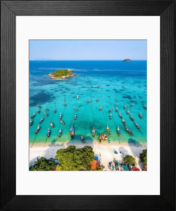 Framed Print : Aerial view of Sunrise beach with long tail boats in Koh Lipe, Satun, Thailand Framed Print : Aerial view of Sunrise beach with long tail boats in Koh Lipe, Satun, Thailand