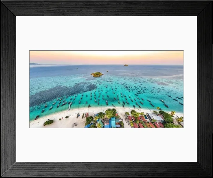 Framed Print : Aerial view of Sunrise beach with long tail boats in Koh Lipe, Satun, Thailand Framed Print : Aerial view of Sunrise beach with long tail boats in Koh Lipe, Satun, Thailand