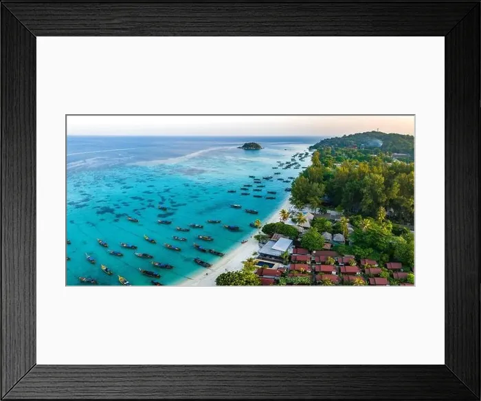Framed Print : Aerial view of Sunrise beach with long tail boats in Koh Lipe, Satun, Thailand Framed Print : Aerial view of Sunrise beach with long tail boats in Koh Lipe, Satun, Thailand