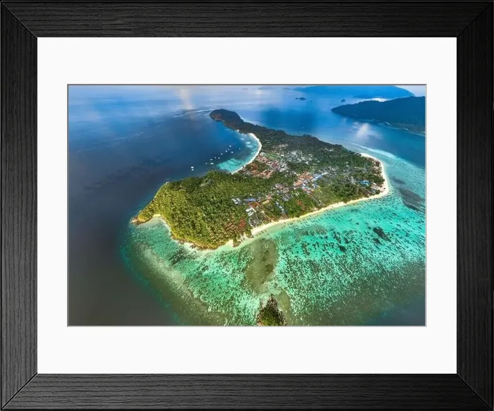 Framed Print : Aerial view of Sunrise beach with long tail boats in Koh Lipe, Satun, Thailand Framed Print : Aerial view of Sunrise beach with long tail boats in Koh Lipe, Satun, Thailand