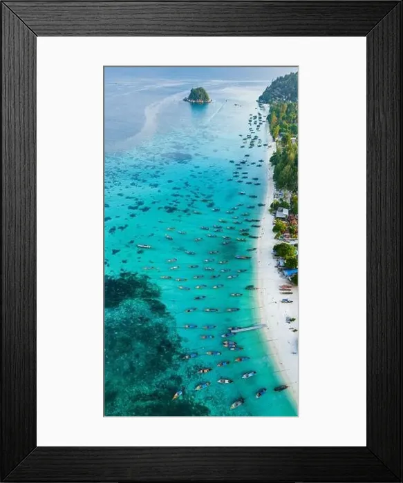 Framed Print : Aerial view of Sunrise beach with long tail boats in Koh Lipe, Satun, Thailand Framed Print : Aerial view of Sunrise beach with long tail boats in Koh Lipe, Satun, Thailand
