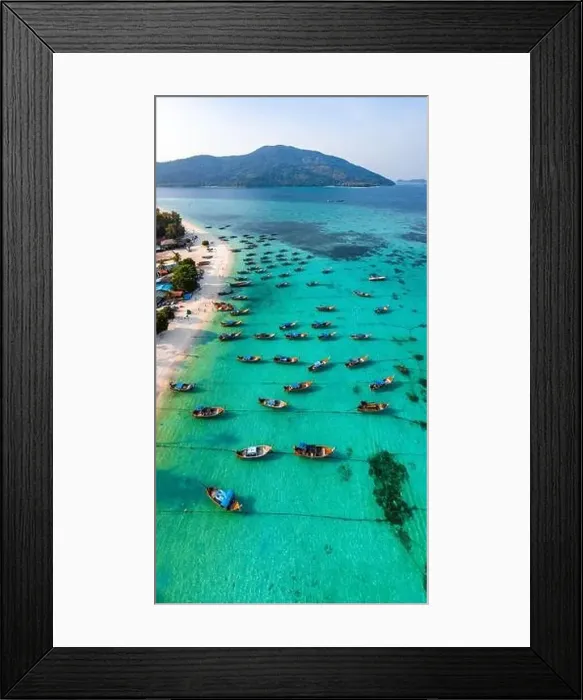 Framed Print : Aerial view of Sunrise beach with long tail boats in Koh Lipe, Satun, Thailand Framed Print : Aerial view of Sunrise beach with long tail boats in Koh Lipe, Satun, Thailand