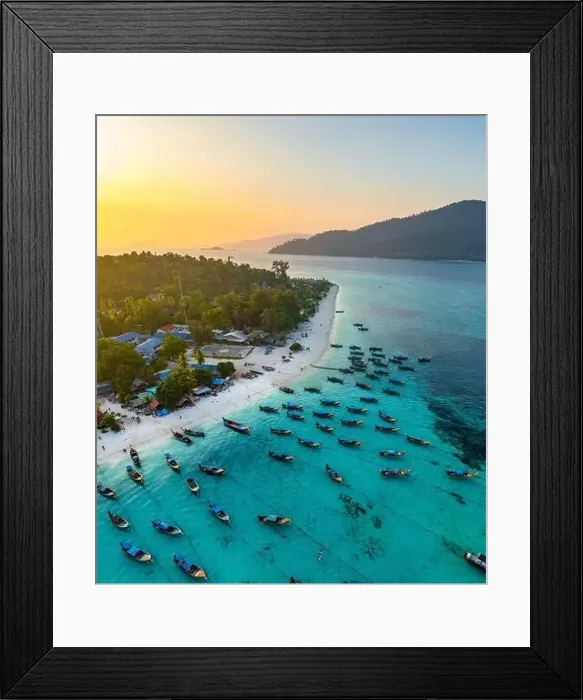 Framed Print : Aerial view of Sunrise beach with long tail boats in Koh Lipe, Satun, Thailand Framed Print : Aerial view of Sunrise beach with long tail boats in Koh Lipe, Satun, Thailand