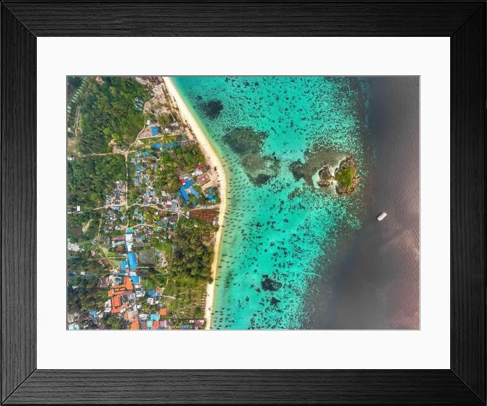 Framed Print : Aerial view of Sunrise beach with long tail boats in Koh Lipe, Satun, Thailand Framed Print : Aerial view of Sunrise beach with long tail boats in Koh Lipe, Satun, Thailand