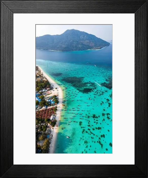 Framed Print : Aerial view of Sunrise beach with long tail boats in Koh Lipe, Satun, Thailand Framed Print : Aerial view of Sunrise beach with long tail boats in Koh Lipe, Satun, Thailand