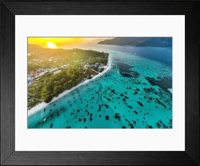 Framed Print : Aerial view of Sunrise beach with long tail boats in Koh Lipe, Satun, Thailand Framed Print : Aerial view of Sunrise beach with long tail boats in Koh Lipe, Satun, Thailand