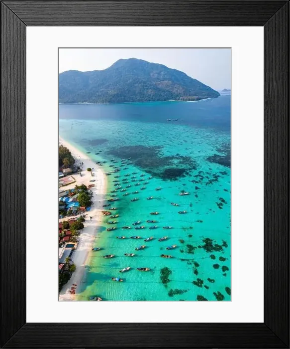 Framed Print : Aerial view of Sunrise beach with long tail boats in Koh Lipe, Satun, Thailand Framed Print : Aerial view of Sunrise beach with long tail boats in Koh Lipe, Satun, Thailand