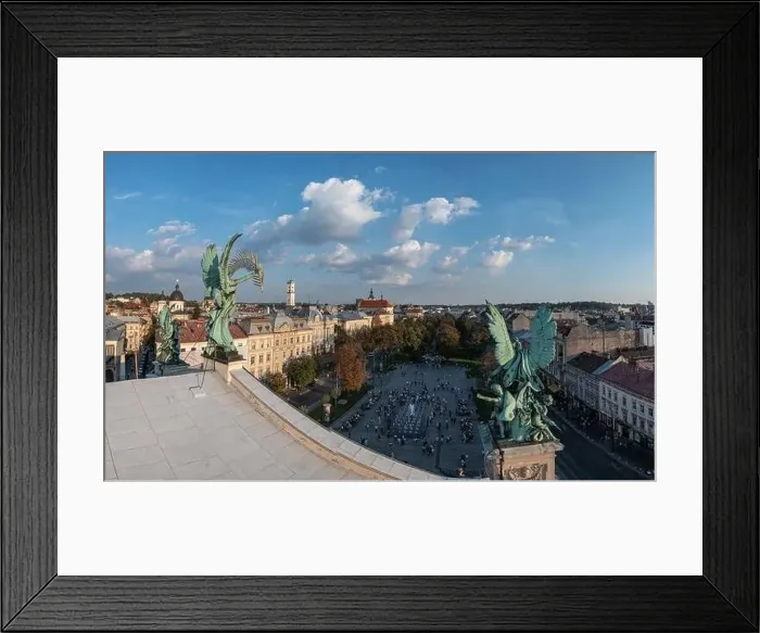 Framed Print : Lviv, Ukraine - August 12, 2021: Aerial view on Lviv National Opera statue statue from drone Framed Print : Lviv, Ukraine - August 12, 2021: Aerial view on Lviv National Opera statue statue from drone