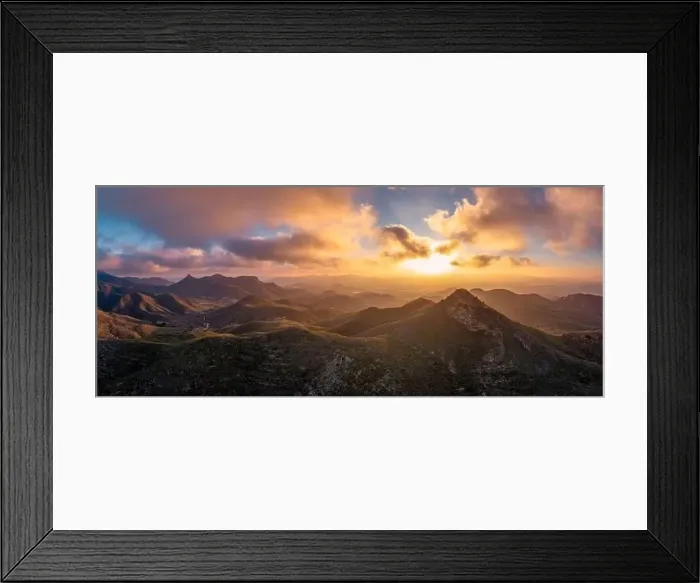 Framed Print : drone panorama landscape of semi-desert mountain landscape in southern Spain at sunset Framed Print : drone panorama landscape of semi-desert mountain landscape in southern Spain at sunset