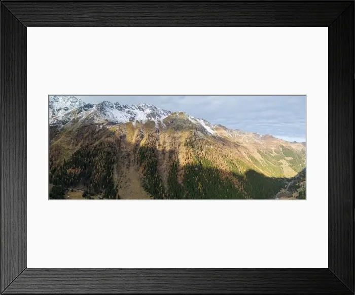 Framed Print : Stunning drone footage of an alpine valley in Autumn with different coloured trees