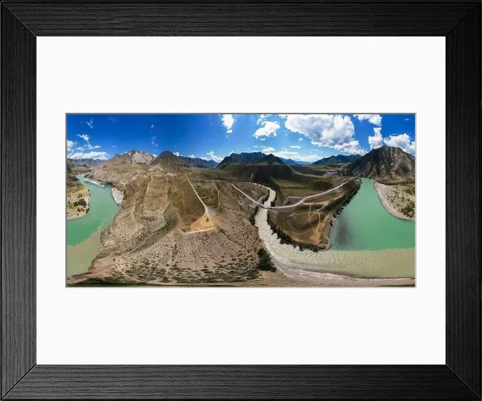 Framed Print : Aerial drone 360 panorama view of confluence of two rivers Framed Print : Aerial drone 360 panorama view of confluence of two rivers