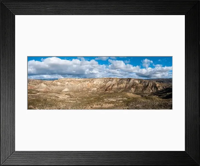 Framed Print : drone panorama landscape view of the Gorafe desert and red clay canyons in southern Spain Framed Print : drone panorama landscape view of the Gorafe desert and red clay canyons in southern Spain