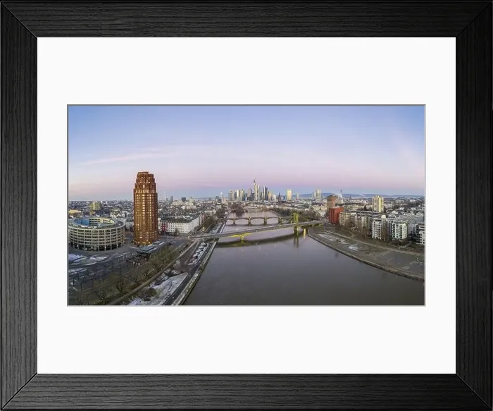 Framed Print : defaultAerial panoramic picture of Frankfurt skyline with river Main with colorful sky during sunrise in winter Framed Print : defaultAerial panoramic picture of Frankfurt skyline with river Main with colorful sky during sunrise in winter