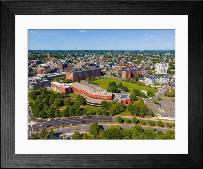 Framed Print : North Shore Community College aerial view in historic downtown Lynn, Massachusetts MA, USA Framed Print : North Shore Community College aerial view in historic downtown Lynn, Massachusetts MA, USA