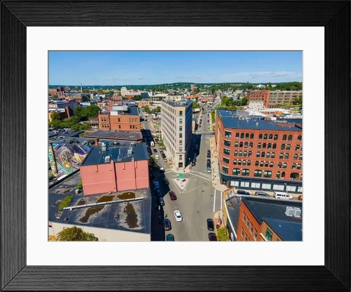 Framed Print : Historic flatiron building aerial view at Willow Street and Central Street in historic downtown Lynn Framed Print : Historic flatiron building aerial view at Willow Street and Central Street in historic downtown Lynn