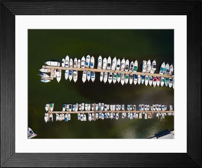 Framed Print : Top view of yachts at Captain's Cove Marina at Town River mouth to Boston Harbor in city of Quincy Framed Print : Top view of yachts at Captain's Cove Marina at Town River mouth to Boston Harbor in city of Quincy