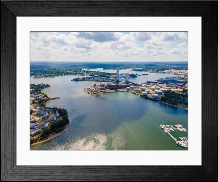 Framed Print : Aerial view of Weymouth Fore River and Fore River Bridge in Quincy Framed Print : Aerial view of Weymouth Fore River and Fore River Bridge in Quincy