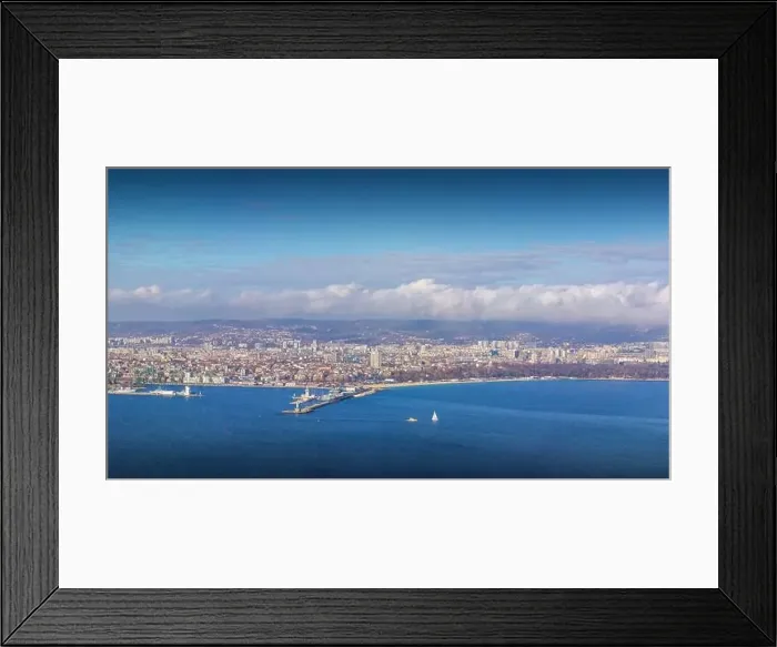 Framed Print : Panoramic cityscape view of Varna city, Bulgaria. Aerial panorama of Black sea, seashore area and the town Framed Print : Panoramic cityscape view of Varna city, Bulgaria. Aerial panorama of Black sea, seashore area and the town