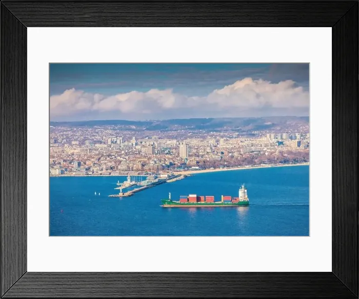 Framed Print : Panoramic cityscape view of Varna city, Bulgaria. Aerial panorama of Black sea, seashore area and the town Framed Print : Panoramic cityscape view of Varna city, Bulgaria. Aerial panorama of Black sea, seashore area and the town