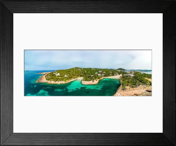 Framed Print : Cala Gracio and Calo el Moro beach on Ibiza island, Spain, aerial views