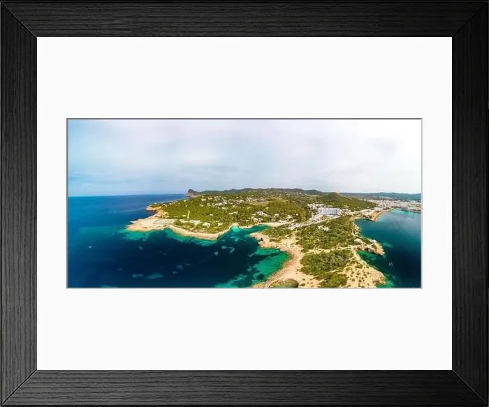 Framed Print : Cala Gracio and Calo el Moro beach on Ibiza island, Spain, aerial views