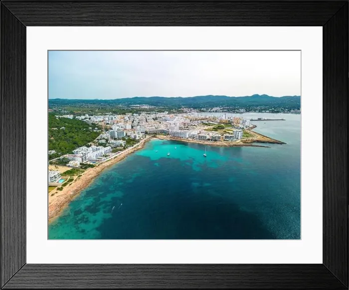 Framed Print : Cala Gracio and Calo el Moro beach on Ibiza island, Spain, aerial views