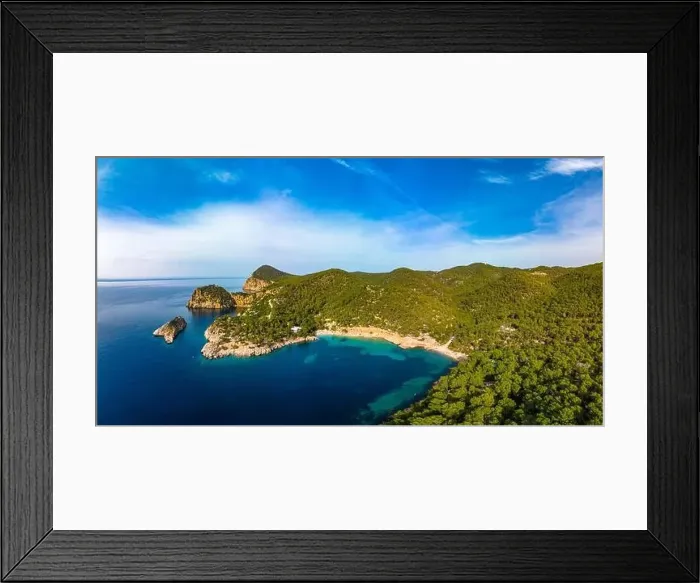 Framed Print : Aerial drone view of Cala Saladeta, Ibiza islands, Spain Framed Print : Aerial drone view of Cala Saladeta, Ibiza islands, Spain