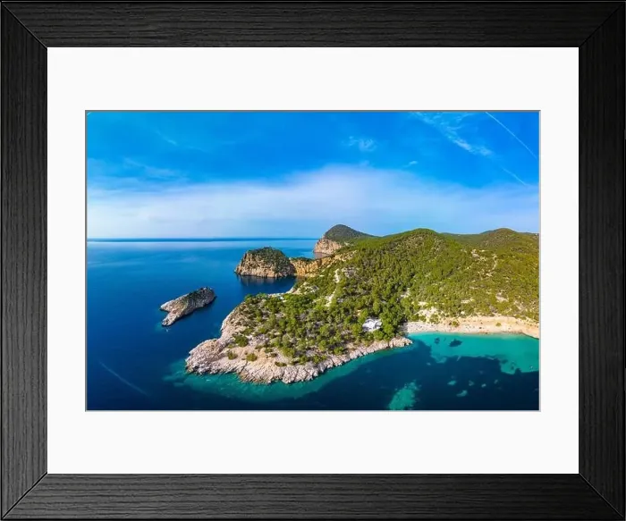 Framed Print : Aerial drone view of Cala Saladeta, Ibiza islands, Spain Framed Print : Aerial drone view of Cala Saladeta, Ibiza islands, Spain