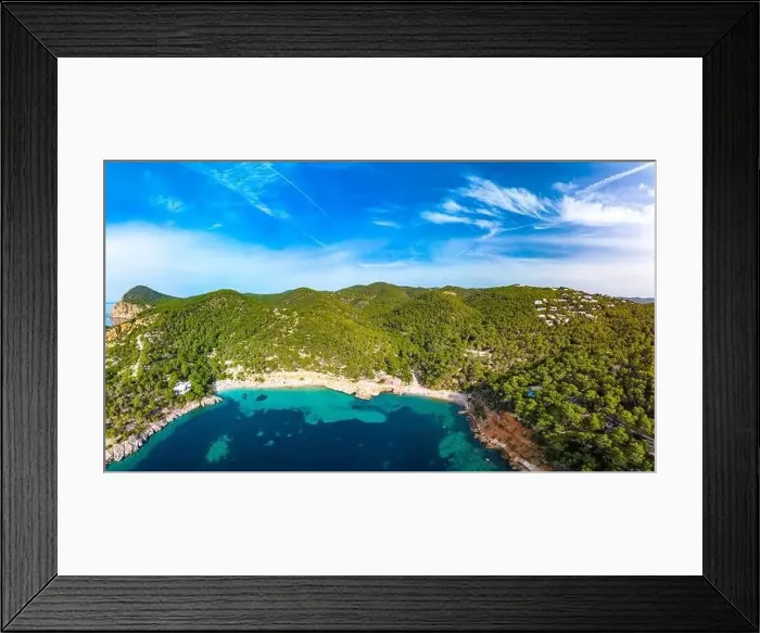 Framed Print : Aerial drone view of Cala Saladeta, Ibiza islands, Spain Framed Print : Aerial drone view of Cala Saladeta, Ibiza islands, Spain