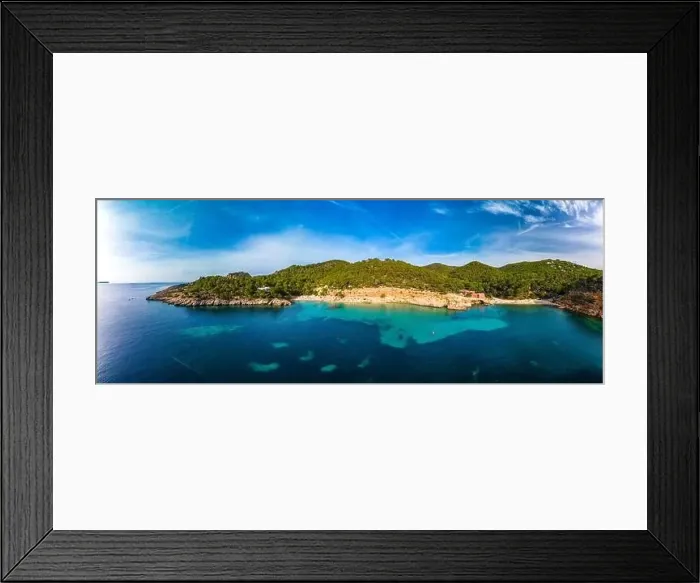 Framed Print : Aerial drone view of Cala Saladeta, Ibiza islands, Spain Framed Print : Aerial drone view of Cala Saladeta, Ibiza islands, Spain