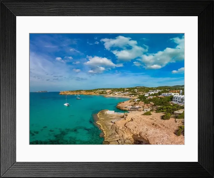 Framed Print : Aerial drone view of a beautiful coast and sea in Cala Tarida, Ibiza island, Spain Framed Print : Aerial drone view of a beautiful coast and sea in Cala Tarida, Ibiza island, Spain