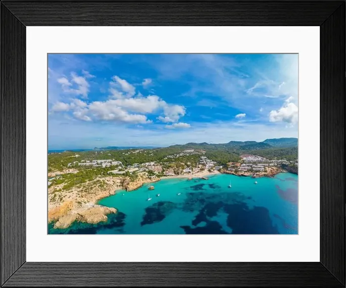 Framed Print : Aerial drone view of a beautiful coast and sea in Cala Tarida, Ibiza island, Spain