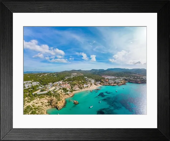 Framed Print : Aerial drone view of a beautiful coast and sea in Cala Tarida, Ibiza island, Spain
