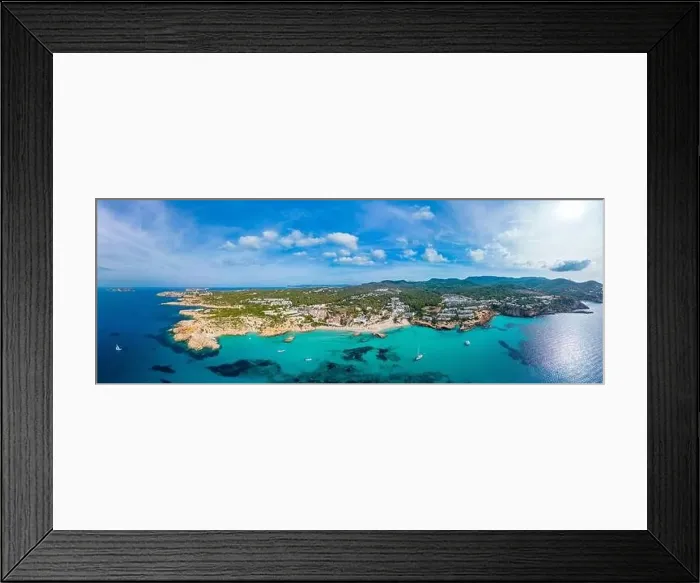 Framed Print : Aerial drone view of a beautiful coast and sea in Cala Tarida, Ibiza island, Spain