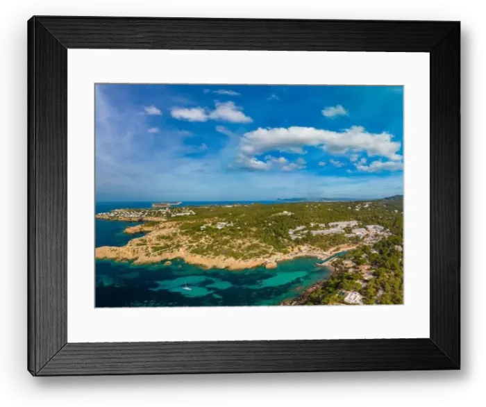 Framed Print : Aerial drone view of a beautiful coast and sea in Cala Tarida, Ibiza island, Spain
