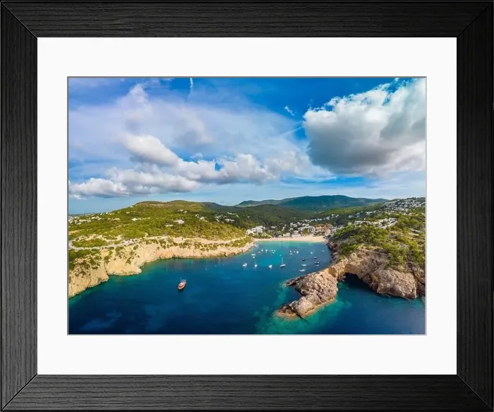Framed Print : Aerial drone view of Cala Vadella, Ibiza islands, Spain Framed Print : Aerial drone view of Cala Vadella, Ibiza islands, Spain