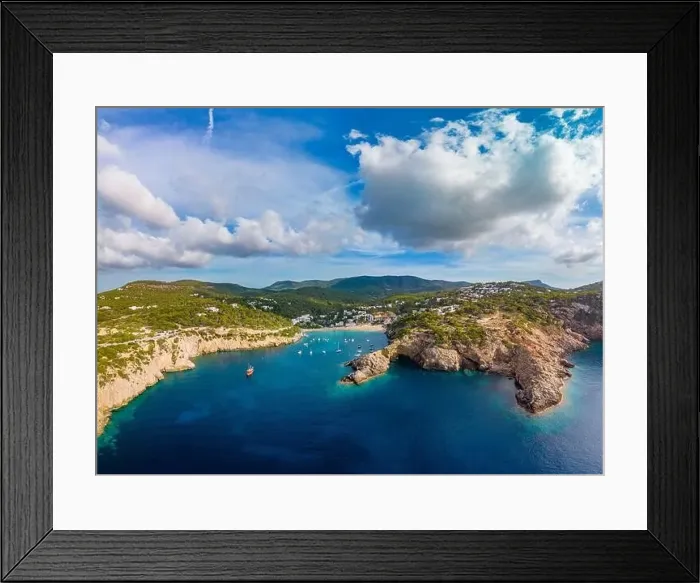 Framed Print : Aerial drone view of Cala Vadella, Ibiza islands, Spain Framed Print : Aerial drone view of Cala Vadella, Ibiza islands, Spain